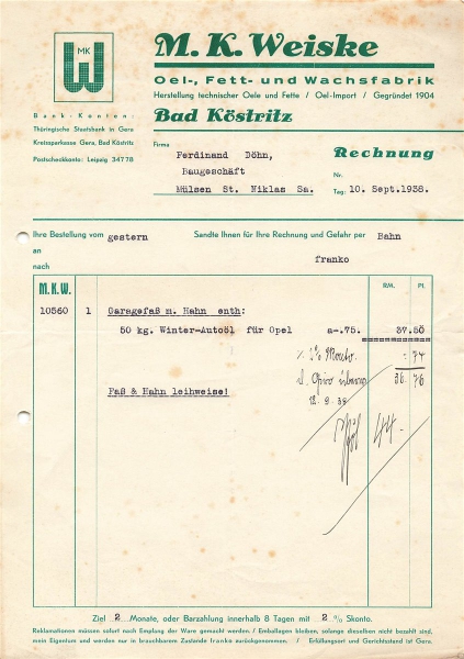 Alte Rechnung,"M.K. Weiske, Bad Köstritz" 10.09.1938