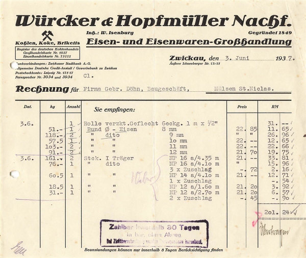 Alte Rechnung,"Würcker & Hopfmüller Nachf., Zwickau i.Sa." 03.06.1937