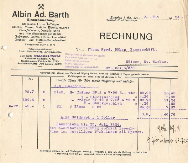 Alte Rechnung,"Albin Ad. Barth, Zwickau i.Sa." 09.07.1924
