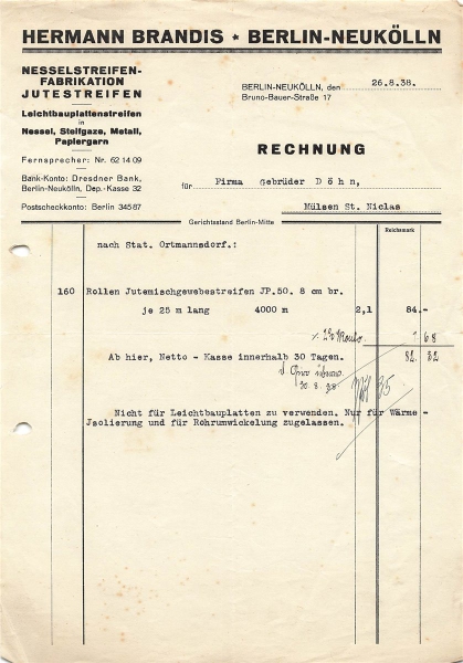 Alte Rechnung,"Herrmann Brandis, Berlin-Neukölln" 26.08.1938