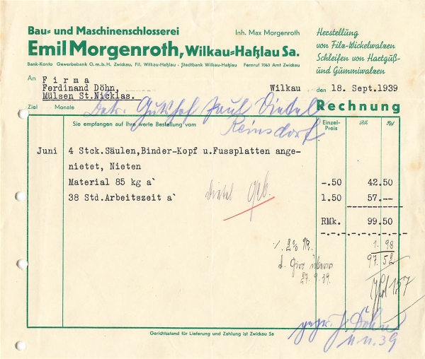 Alte Rechnung,"Emil Morgenroth, Wikau-Haßlau i.Sa." 18.09.1939