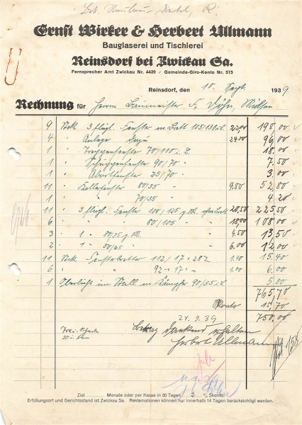 Alte Rechnung,"Ernst Wirker & Herbert Ullmann, Reinsdorf b.Zwickau i.Sa." 10.09.1939