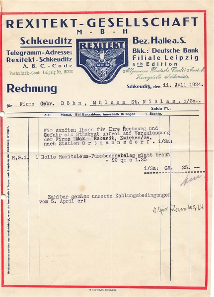 Alte Rechnung,"Rexitekt-Gesellschaft mbh, Schkeuditz Bez.Halle a,S." 11.06.1924