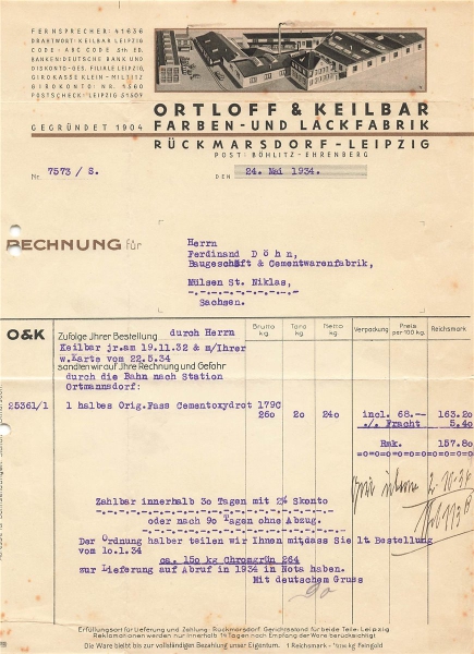 Alte Rechnung,"Ortloff & Keilbar, Rückmarsdorf-Leipzig" 24.05.1934