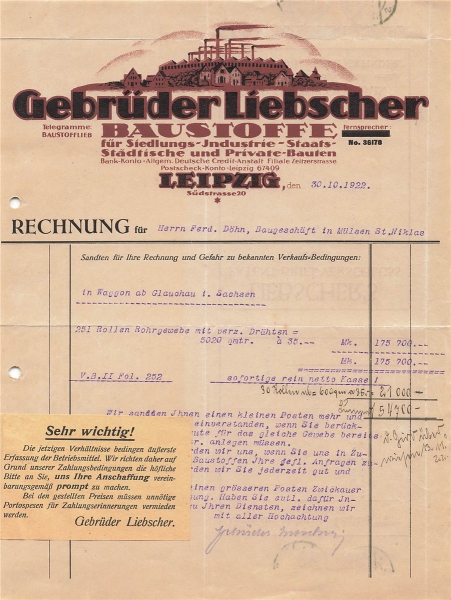 Alte Rechnung,"Gebrüder Liebscher, Leipzig" 30.10.1922