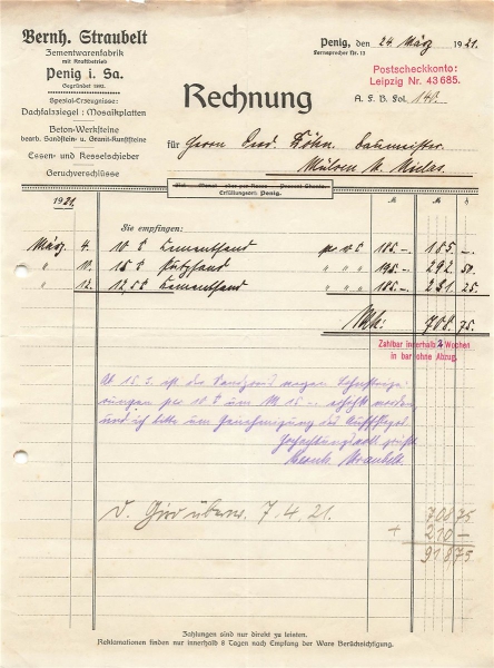 Alte Rechnung,"Bernh. Straubelt, Penig i.Sa." 24.03.1921