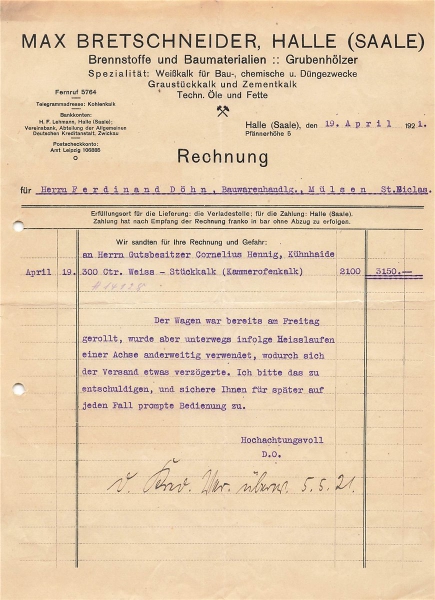 Alte Rechnung,"Max Bretschneider, Halle a.Saale" 19.04.1921