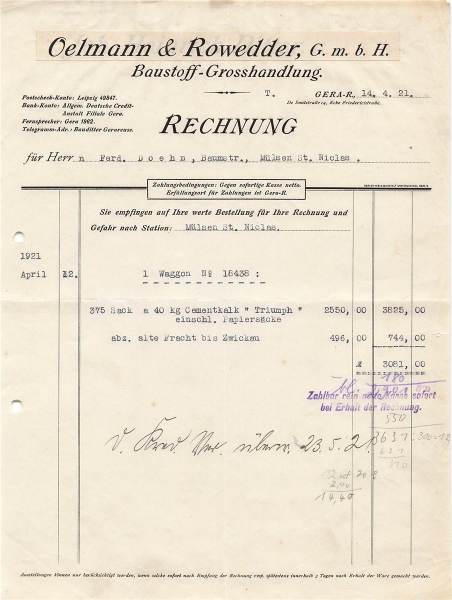 Alte Rechnung,"Oelmann & Rowedder GmbH, Gera i.Sa." 14.04.1921