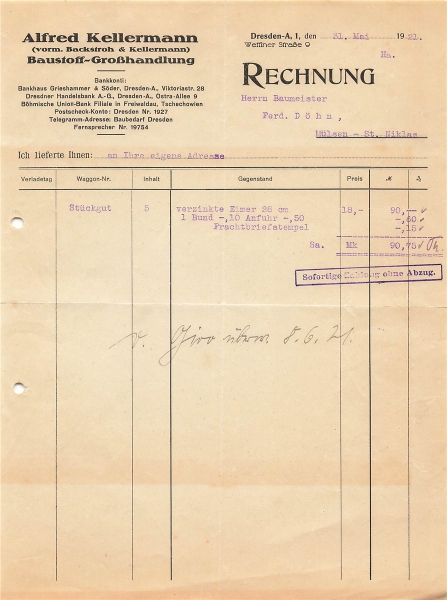 Alte Rechnung,"Alfred Kellermann, Dresden" 31.05.1921