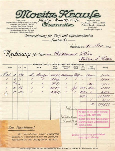 Alte Rechnung,"Moritz Krause, Chemnitz" 15.11.1922