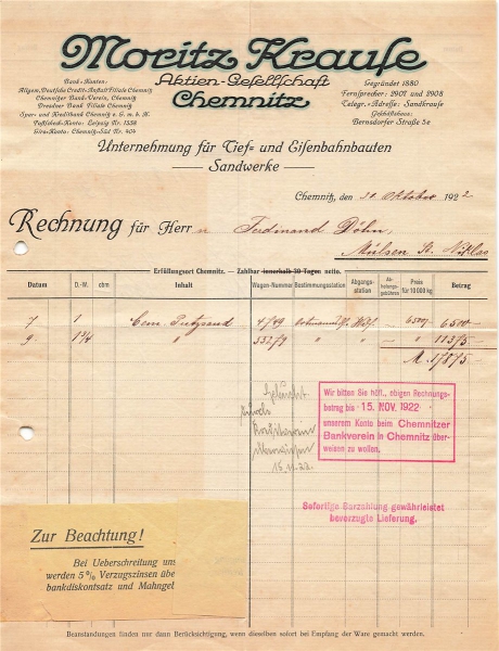 Alte Rechnung,"Moritz Krause, Chemnitz" 31.10.1922