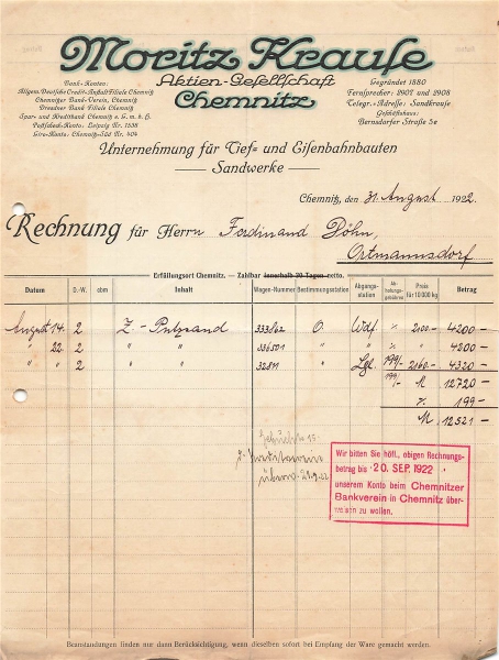 Alte Rechnung,"Moritz Krause, Chemnitz" 31.08.1922