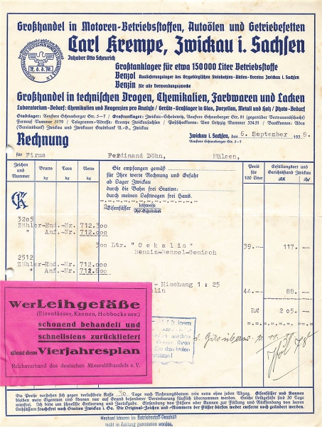 Alte Rechnung,"Carl Krempe, Zwickau i.Sa." 06.09.1938