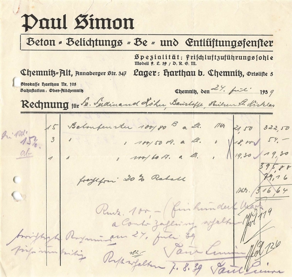 Alte Rechnung,"Paul Simon, Chmintz-Alt" 24.07.1939