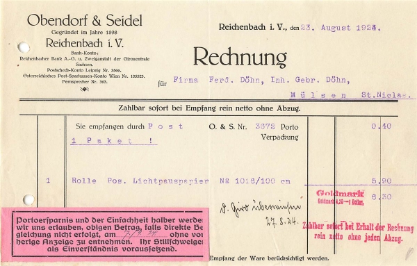Alte Rechnung,"Obendorf & Seidel, Reichenbach i.V." 23.08.1924