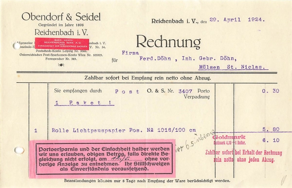 Alte Rechnung,"Obendorf & Seidel, Reichenbach i.V." 29.04.1924