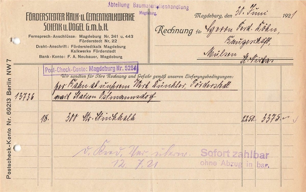 Alte Rechnung,"Förderstedter Kalk-und Cementkalkwerke Schenk u. Vogel GmbH" 30.06.1921