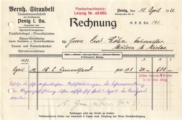Alte Rechnung,"Berh. Straubelt, Penig i.Sa." 18.04.1921