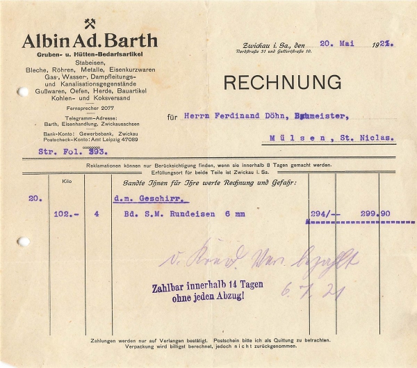 Alte Rechnung,"Albin Ad. Barth, Zwickau i.Sa." 20.05.1921