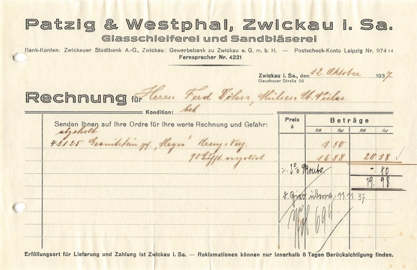 Alte Rechnung,"Patzig & Westphal, Zwickau i.Sa." 12.10.1937