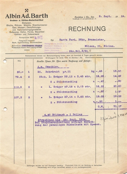 Alte Rechnung,"Albin Ad. Barth, Zwickau i.Sa." 08.09.1924