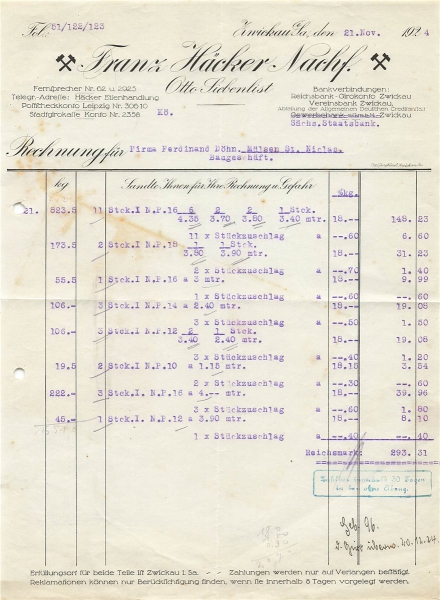Alte Rechnung,"Franz Häcker Nachf., Zwickau i.Sa." 21.11.1924
