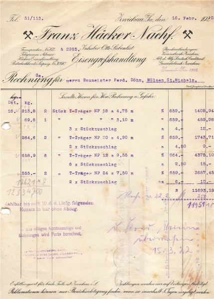 Alte Rechnung,"Franz Häcker Nachf., Zwickau i.Sa." 16.02.1922