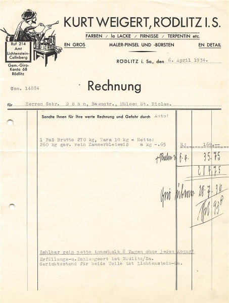 Alte Rechnung,"Kurt Weigert, Rödlitz i.Sa." 06.04.1934