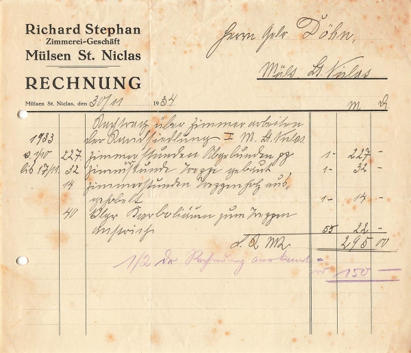 Alte Rechnung,"Richard Stephan, Mülsen St. Nikas i.Sa." 30.11.1934