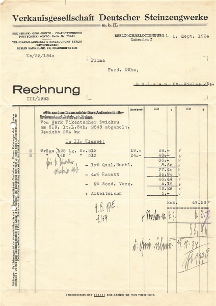 Alte Rechnung,"Gebrüder Walther Sandwerke , Penig i.Sa." 17.11.1934