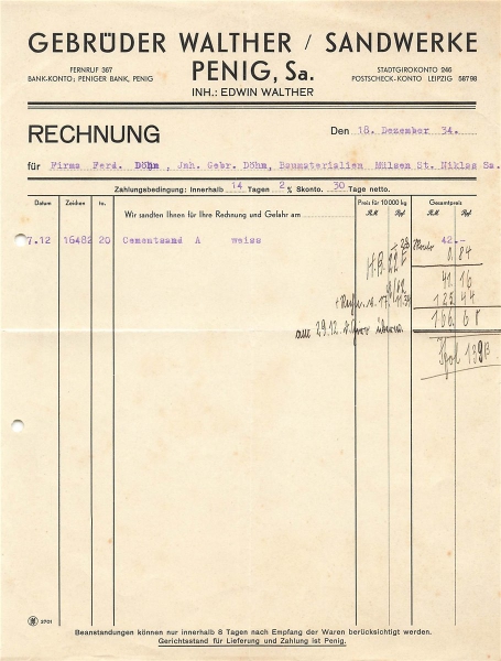 Alte Rechnung,"Gebrüder Walther Sandwerke , Penig i.Sa." 18.12.1934