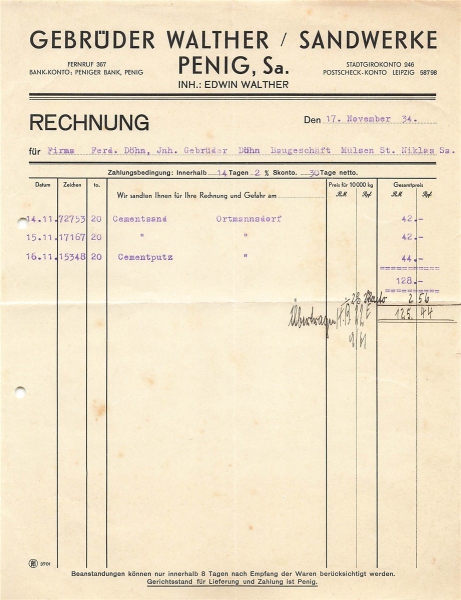 Alte Rechnung,"Gebrüder Walther Sandwerke , Penig i.Sa." 24.07.1937