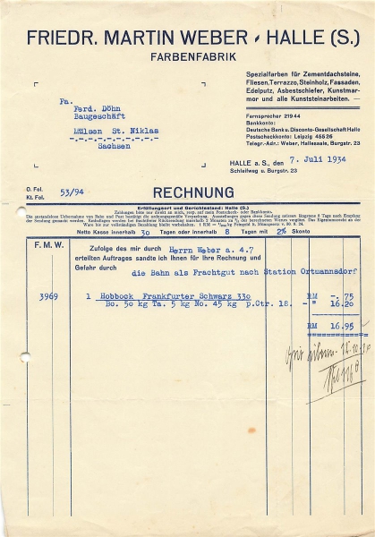 Alte Rechnung,"Friedr. Martin Weber, Halle a.d.S." 07.07.1934