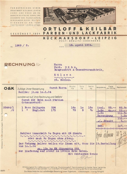 Alte Rechnung,"Ortloff & Keilbar, Rückmarsdorf-Leipzig" 18.04.1934