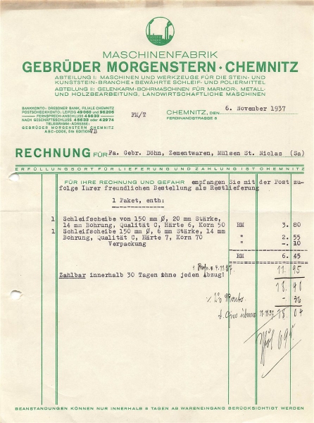 Alte Rechnung,"Gebrüder Morgenstern, Chemnitz" 06.11.1937