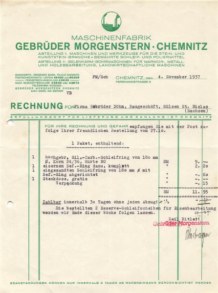Alte Rechnung,"Gebrüder Morgenstern, Chemnitz" 04.11.1937
