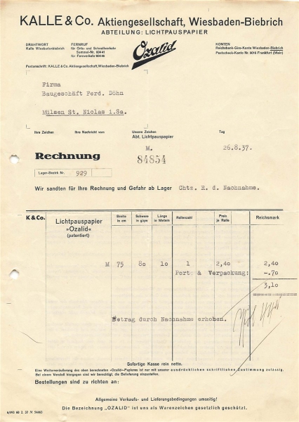 Alte Rechnung,"Kalle & Co. Aktiengesellschaft, Wiesbaben-Biebrich" 26.08.1937