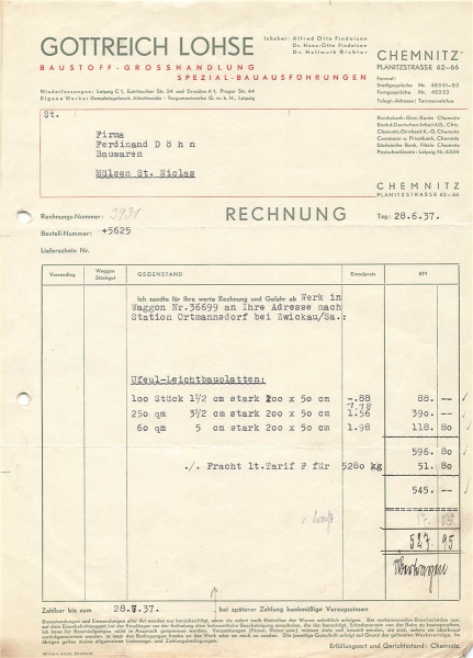 Alte Rechnung,"Gottreich Lohse, Chemnitz" 28.06.1937