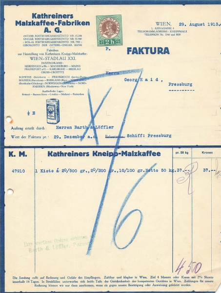Alte Rechnung,"Katheiners Malzkaffee-Fabriken AG, Wien-Stadlau" 29.08.1913