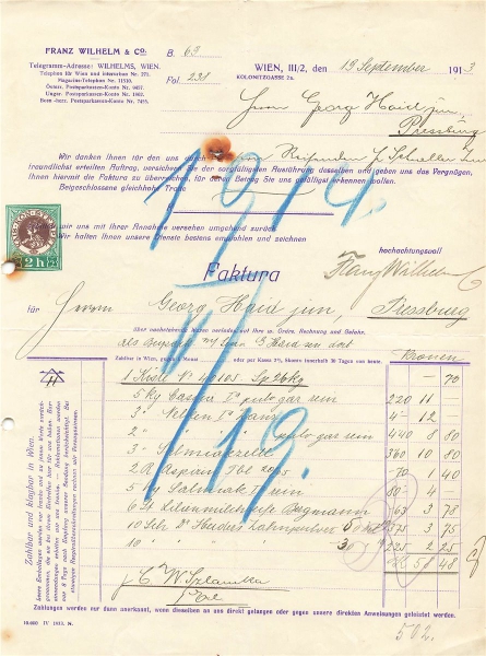 Alte Rechnung,"Franz Wilhelm & Co., Wien" 19.09.1913