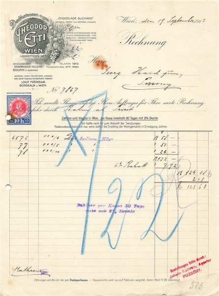 Alte Rechnung,"Theodor Etti, Wien" 19.09.1913