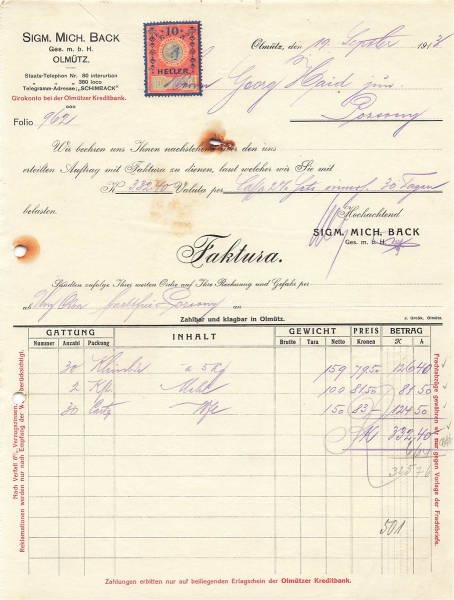 Alte Rechnung,"Sigm. Mich. Back Ges.m.b.H, Olmütz" 19.09.1913