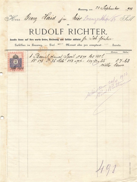 Alte Rechnung,"Rudolf Richter, Possony" 22.09.1913