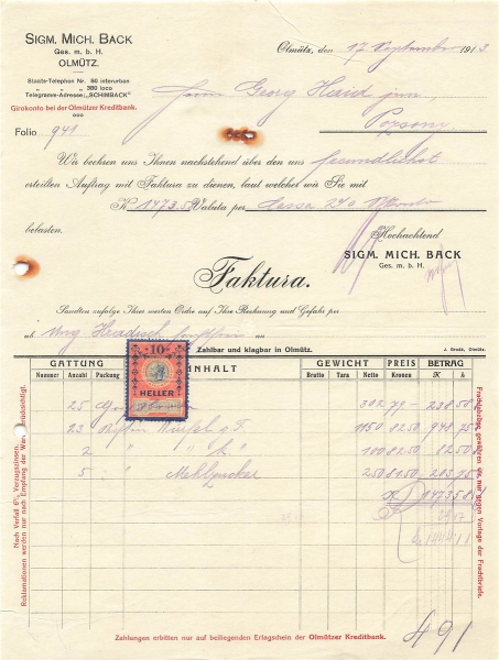 Alte Rechnung,"Sigm. Mich. Back Ges.m.b.H, Olmütz" 17.09.1913