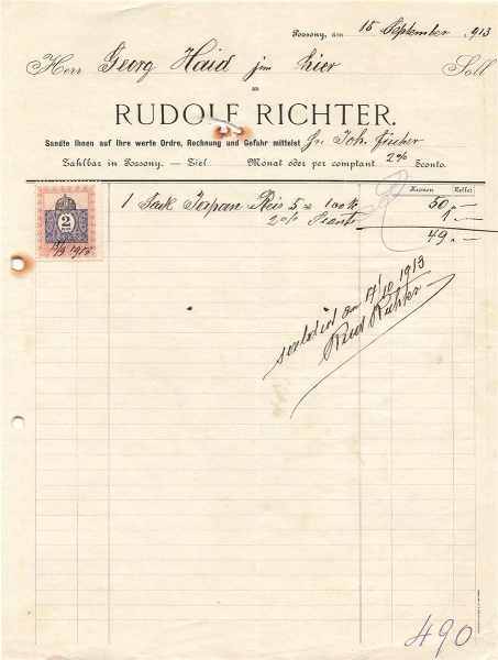Alte Rechnung,"Rudolf Richter, Possony" 15.09.1913