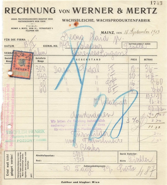 Alte Rechnung,"Werner & Mertz, Mainz" 18.09.1913