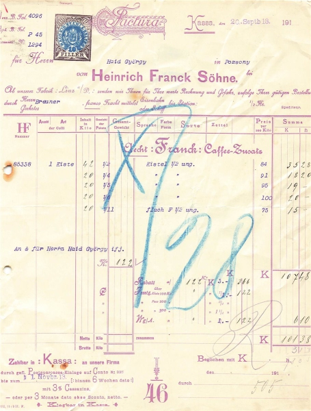 Alte Rechnung,"Heinrich Franck Söhne, Linz" 20.09.1913