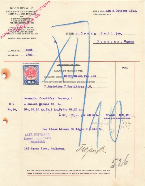Alte Rechnung,"Roselius & Co, Wien" 02.10.1913