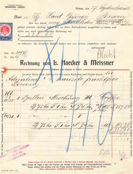Alte Rechnung,"L. Haecker & Meissner, Triest" 27.09.1913