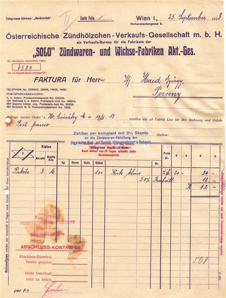 Alte Rechnung,"Österreichische Zündhölchen-Verkaufs- Gesellschaft mbH, Wien " 25.09.1913